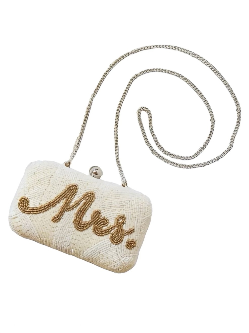 Mrs Beaded Bridal Clutch Bag Kiss Lock Chain Strap Ivory Champagne Gold